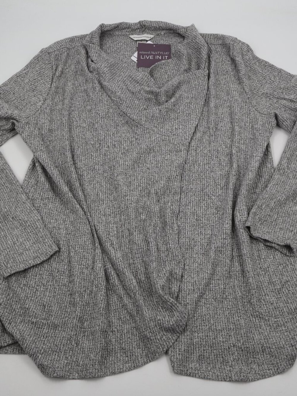 Christopher & Banks Cowl Neck Top Women XL Grey Waffle Knit Draped Relaxed Tunic